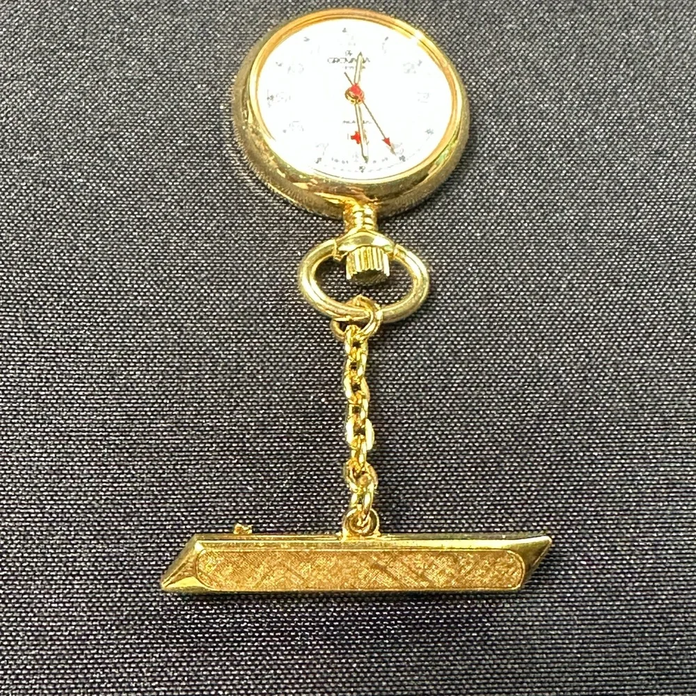 Vintage Grovana Swiss Nurse Fob Watch Brooch Gold Tone White Dial Incabloc Pin
